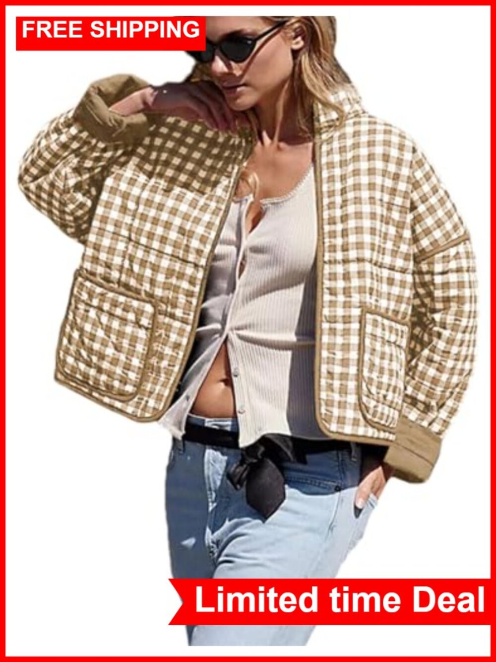 Women's Cropped Quilted Puffer Jacket Plaid Print Lightweight Zip Up Coat